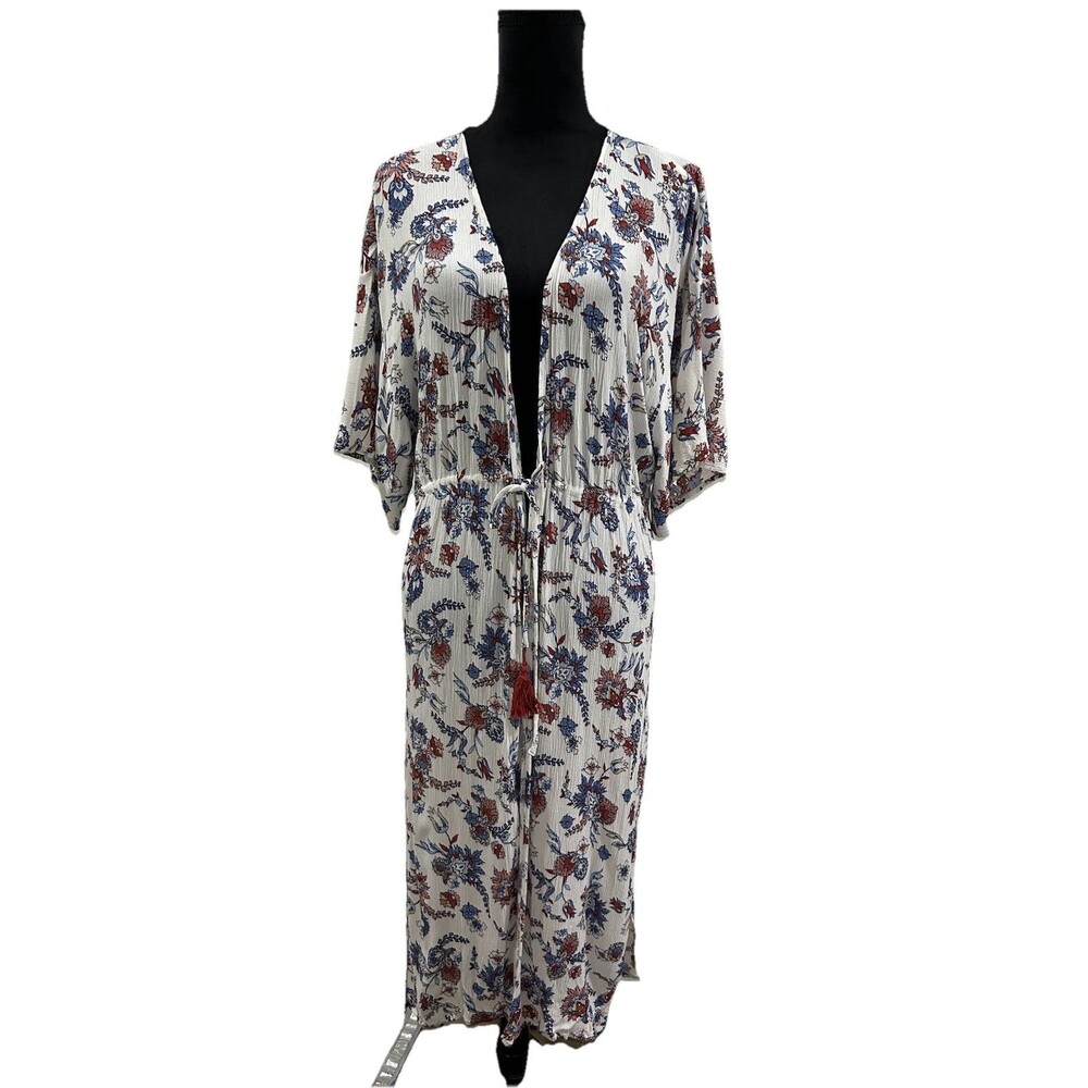 Loft  Kimono Womens XS/S Long Open White Floral Boho